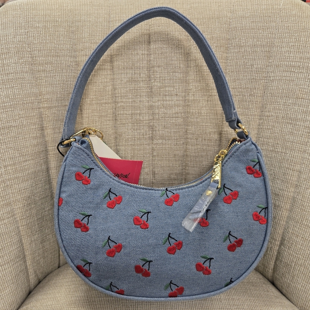 Betsey Johnson Cherry Denim Crescent Shoulder Handbag - Picture 3 of 5